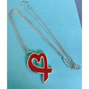 Tiffany & Co. Silver Paloma Picasso RED Enamel Loving Heart Pendant Necklace 18”